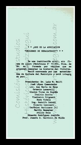 primer folleto de la Asociación Orígenes de Berazategui en 1993.